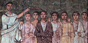 Samuel anointing David, as depicted on a panel of the frescoes that covered the west wall of the mid-third century C.E. synagogue at Dura-Europos.